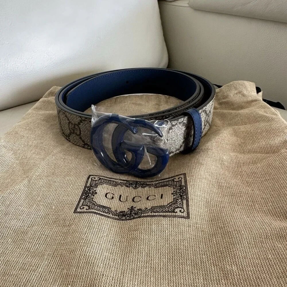 New Gucci Belt GG Supreme Monogram Calfskin Enamel 30mm Belt 105 Cm 42 In Blue - Picture 3 of 8